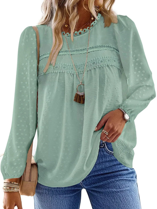 Fall Shirts for Women Long Sleeve Blouses Ladies Crewneck Lace Crochet Tops Dressy Chiffon Blouses simple, vintage, premium, professional