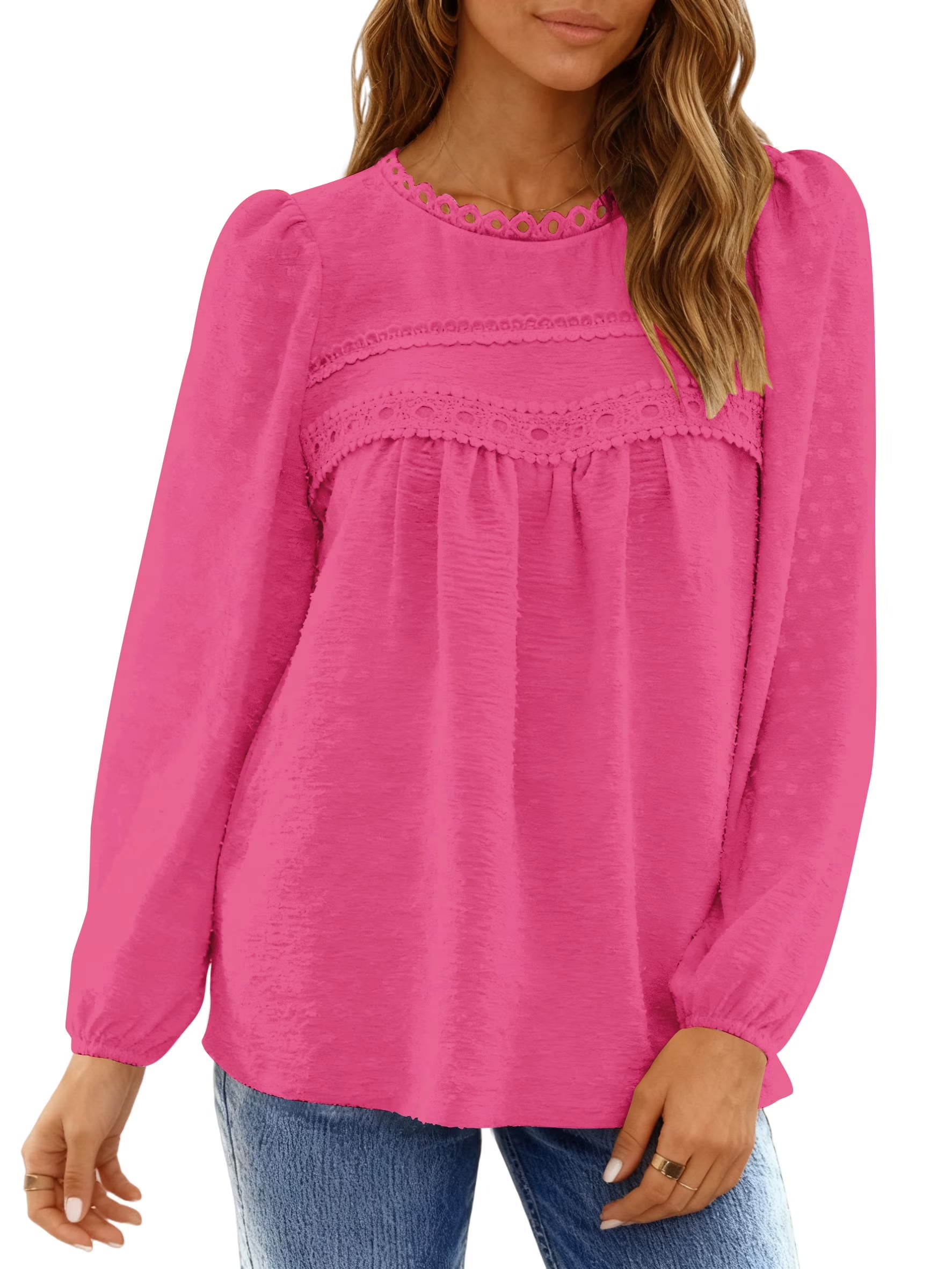 Fall Shirts for Women Long Sleeve Blouses Ladies Crewneck Lace Crochet Tops Dressy Chiffon Blouses simple, vintage, premium, professional