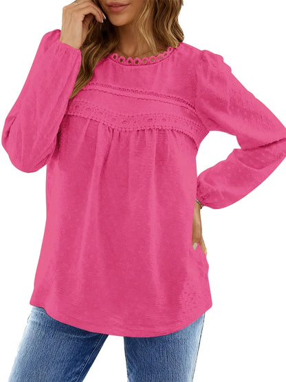Fall Shirts for Women Long Sleeve Blouses Ladies Crewneck Lace Crochet Tops Dressy Chiffon Blouses simple, vintage, premium, professional