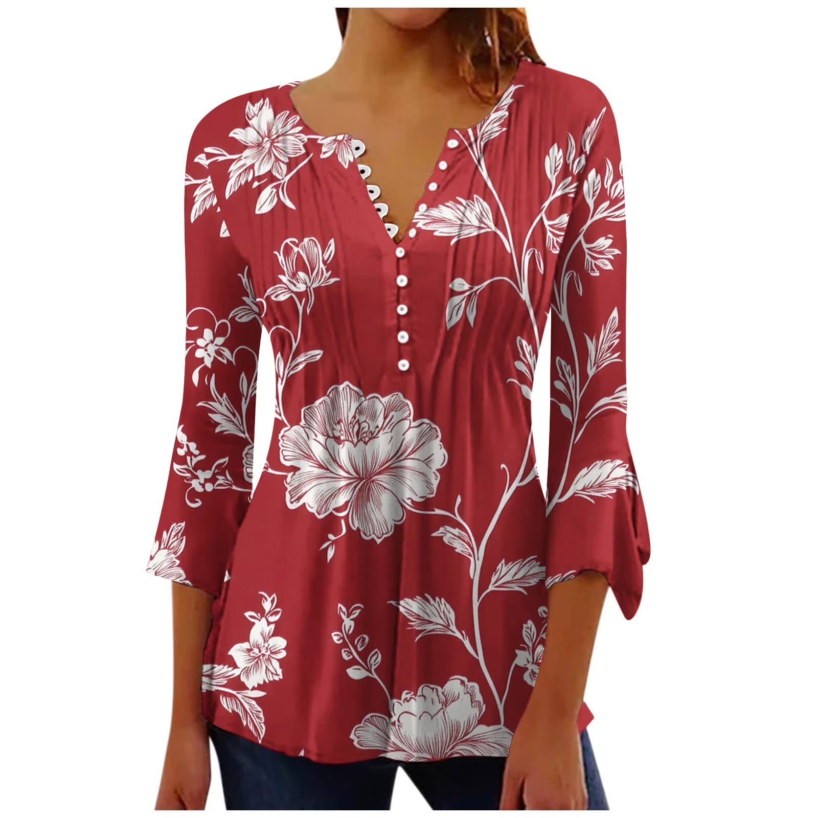 at 3/4 Length Sleeve Womens Tops Button down V Neck T Shirts Floral Summer Tunic Ladies Tops Elegant Dressy Casual Blouses Fashion Vacation Tee Shirts Ropa Mujer simple, vintage, premium, professional