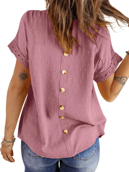 Summer Shirts for Women Short Sleeve Blouses Ladies Crewneck Lace Crochet Tops Dressy Chiffon Blouses simple, vintage, premium, professional