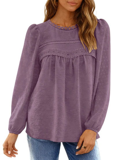 Fall Shirts for Women Long Sleeve Blouses Ladies Crewneck Lace Crochet Tops Dressy Chiffon Blouses simple, vintage, premium, professional