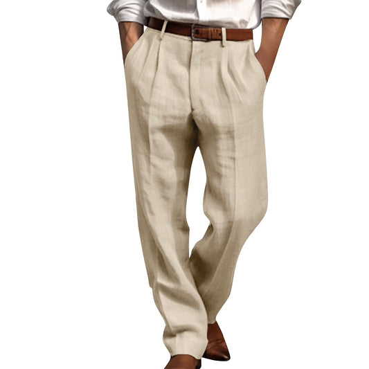 Cotton Linen Pants for Men Pleated Front Trouser Straight Leg Suit Trousers Solid Color Office Trouser Lightweight Linen Pant simple, vintage, premium, professional