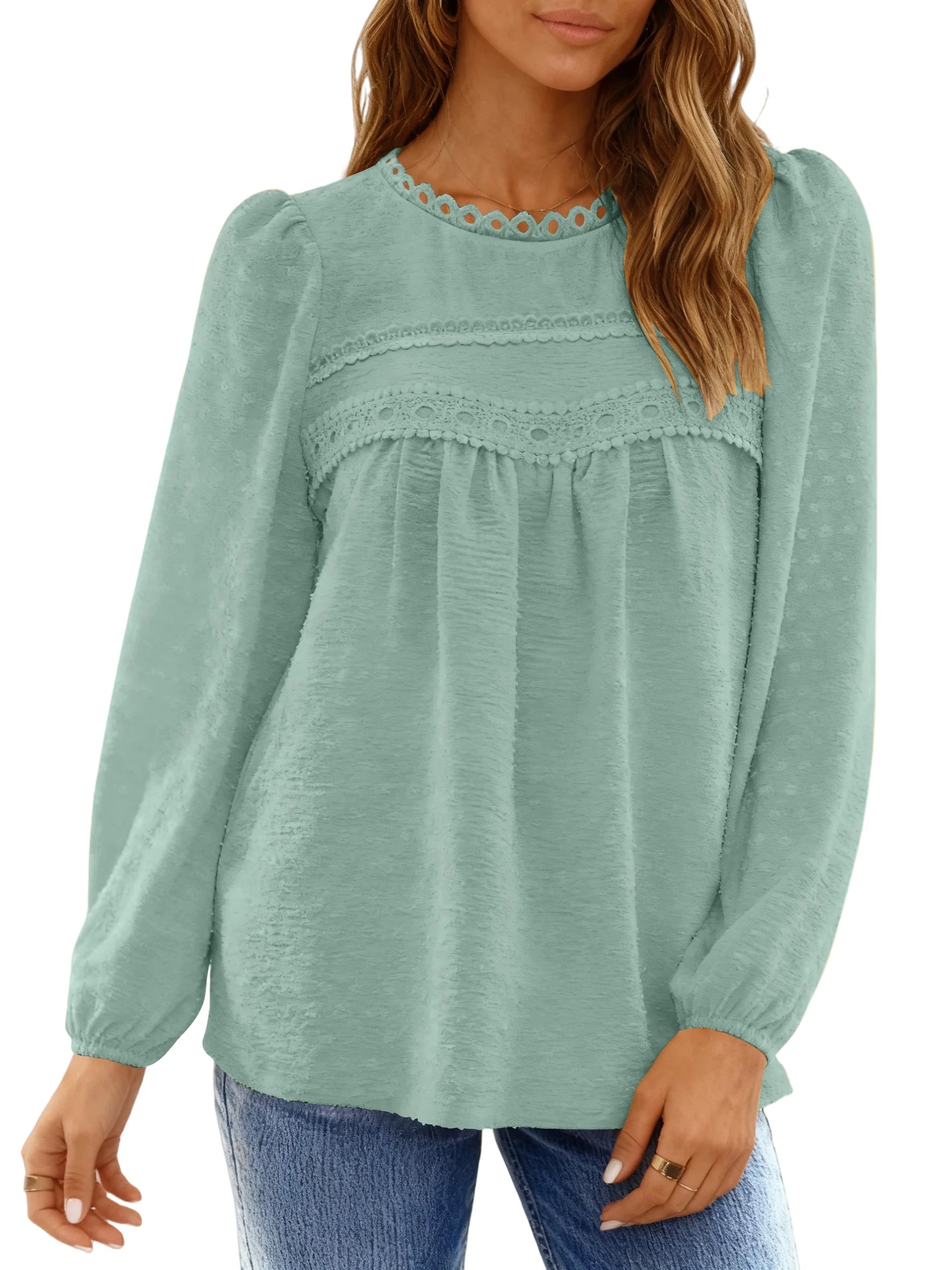 Fall Shirts for Women Long Sleeve Blouses Ladies Crewneck Lace Crochet Tops Dressy Chiffon Blouses simple, vintage, premium, professional