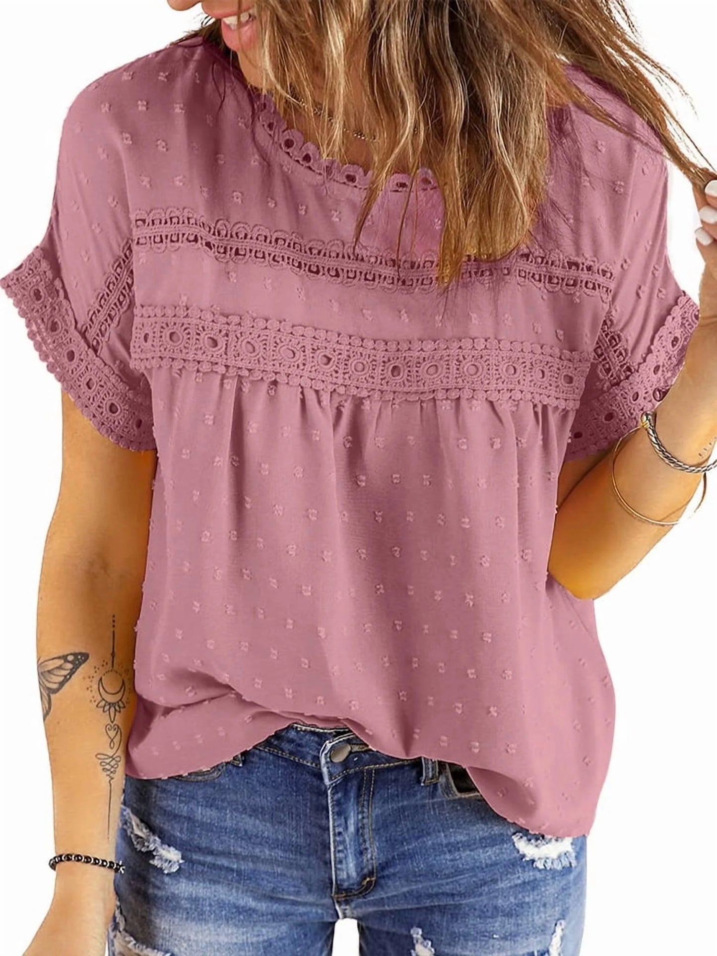 Summer Shirts for Women Short Sleeve Blouses Ladies Crewneck Lace Crochet Tops Dressy Chiffon Blouses simple, vintage, premium, professional
