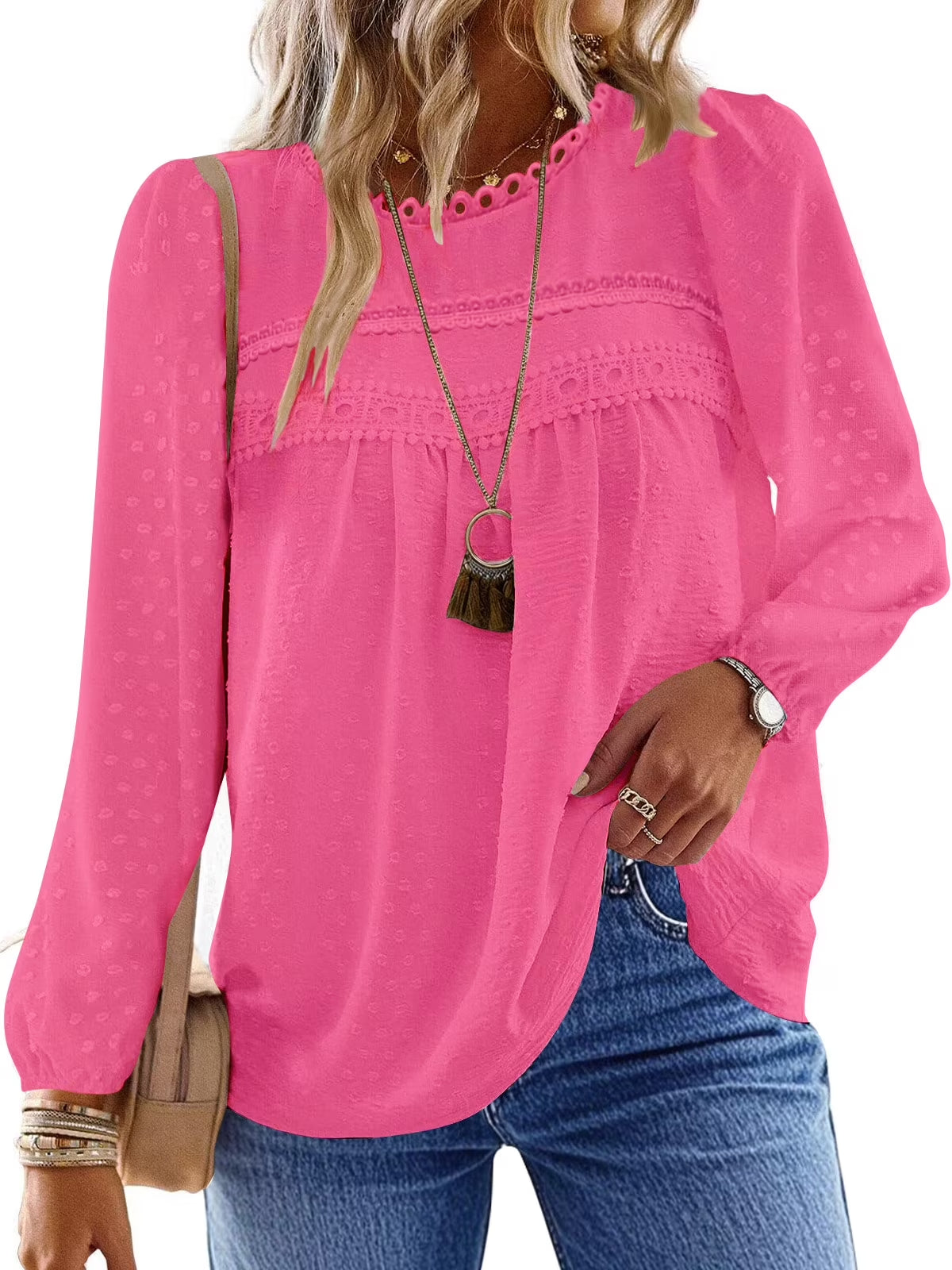 Fall Shirts for Women Long Sleeve Blouses Ladies Crewneck Lace Crochet Tops Dressy Chiffon Blouses simple, vintage, premium, professional