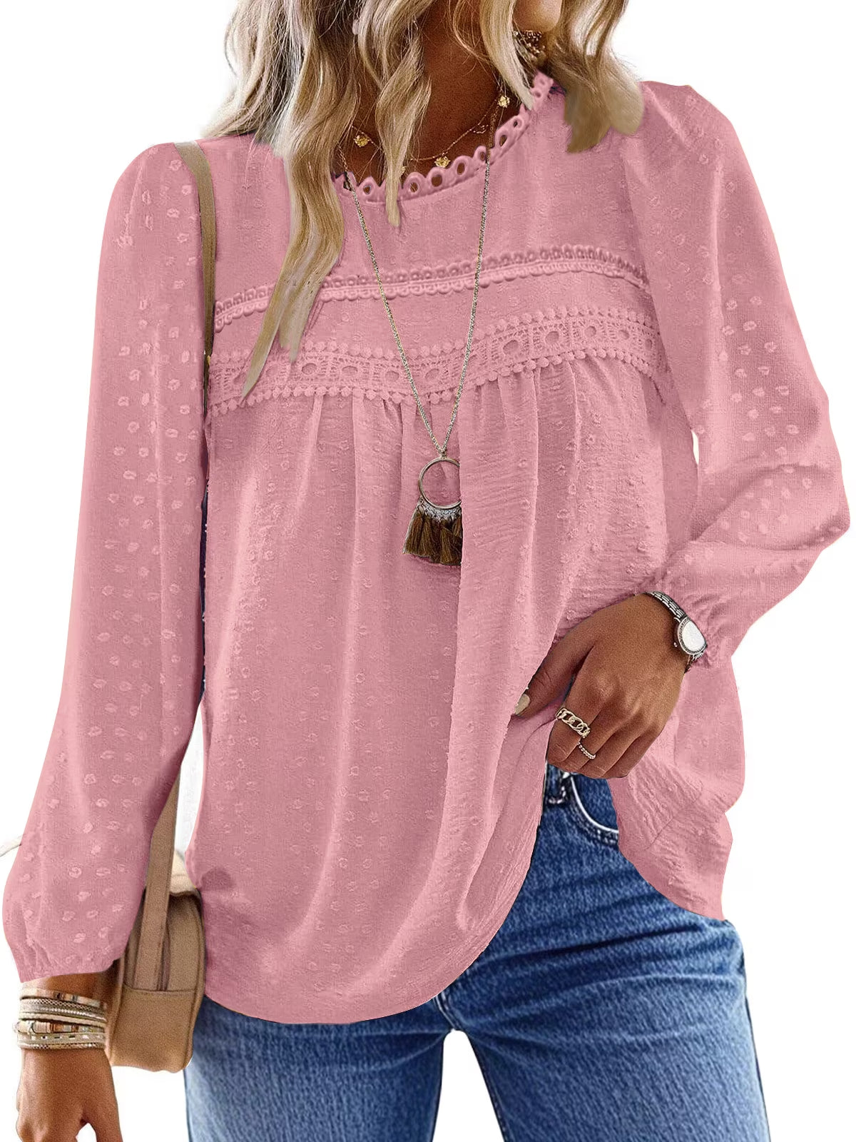 Fall Shirts for Women Long Sleeve Blouses Ladies Crewneck Lace Crochet Tops Dressy Chiffon Blouses simple, vintage, premium, professional