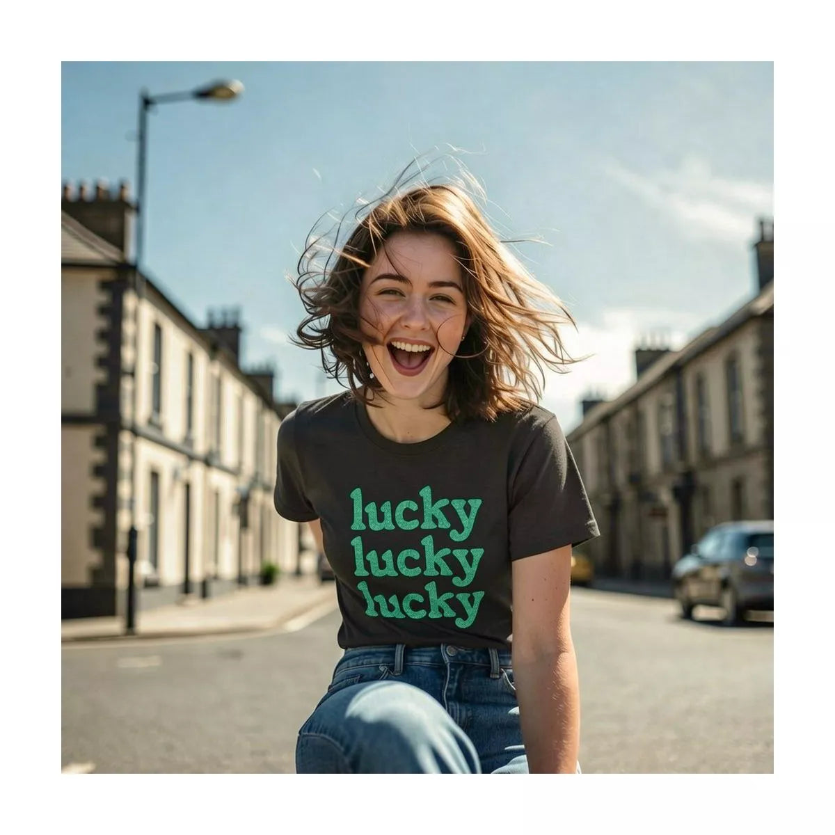 Womens Lucky Lucky Lucky Green Glitter T Shirt Funny St. Paddys Day Parade Luck Joke Glittery Tee for Ladies - Crazy Dog Women'S T Shirt for Saint simple, vintage, premium, professional
