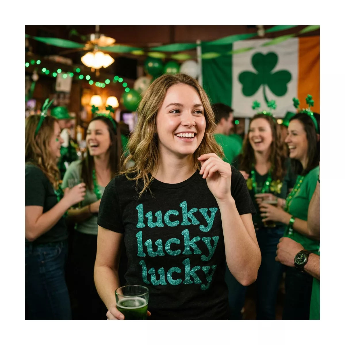 Womens Lucky Lucky Lucky Green Glitter T Shirt Funny St. Paddys Day Parade Luck Joke Glittery Tee for Ladies - Crazy Dog Women'S T Shirt for Saint simple, vintage, premium, professional