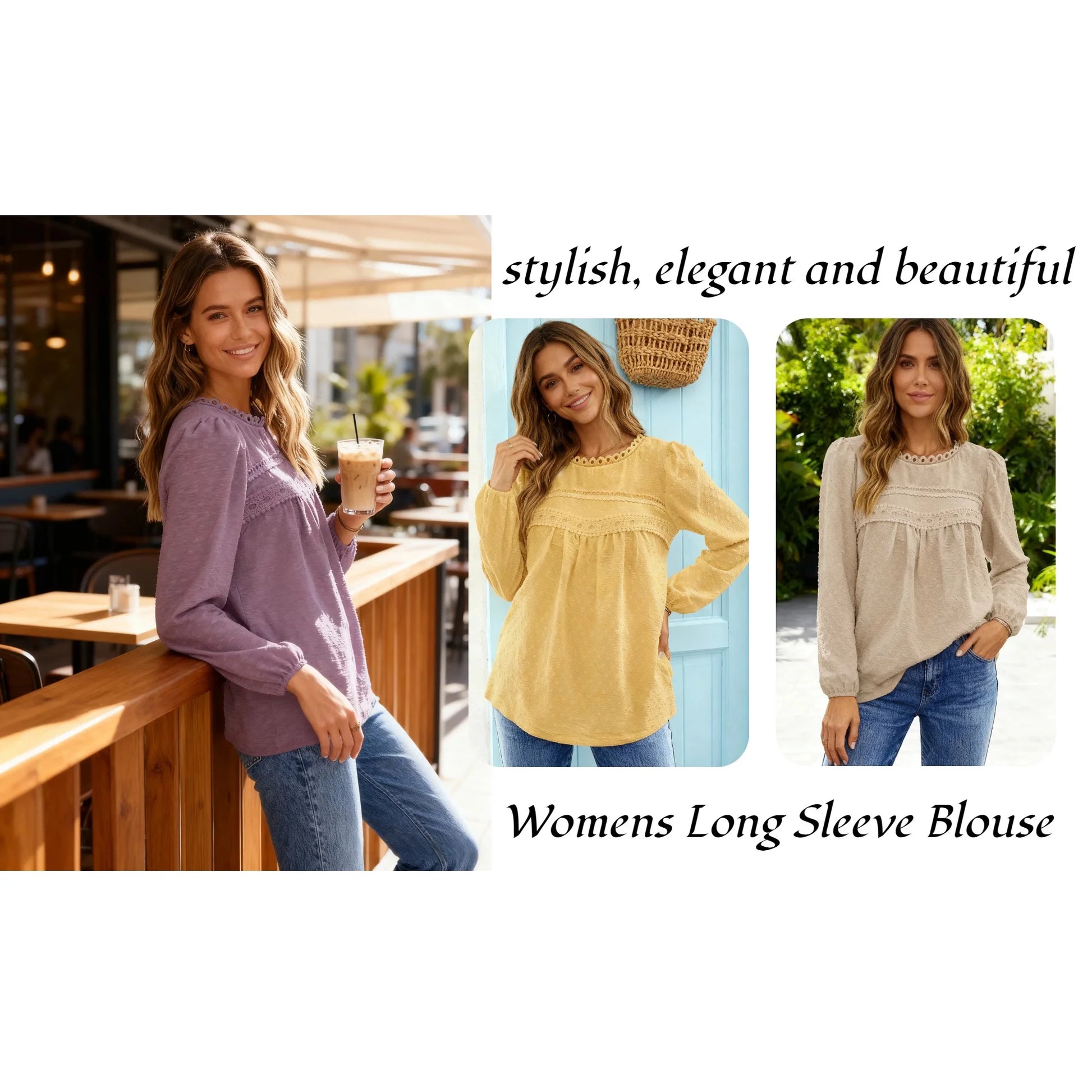 Fall Shirts for Women Long Sleeve Blouses Ladies Crewneck Lace Crochet Tops Dressy Chiffon Blouses simple, vintage, premium, professional