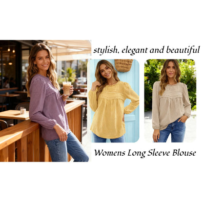 Fall Shirts for Women Long Sleeve Blouses Ladies Crewneck Lace Crochet Tops Dressy Chiffon Blouses simple, vintage, premium, professional