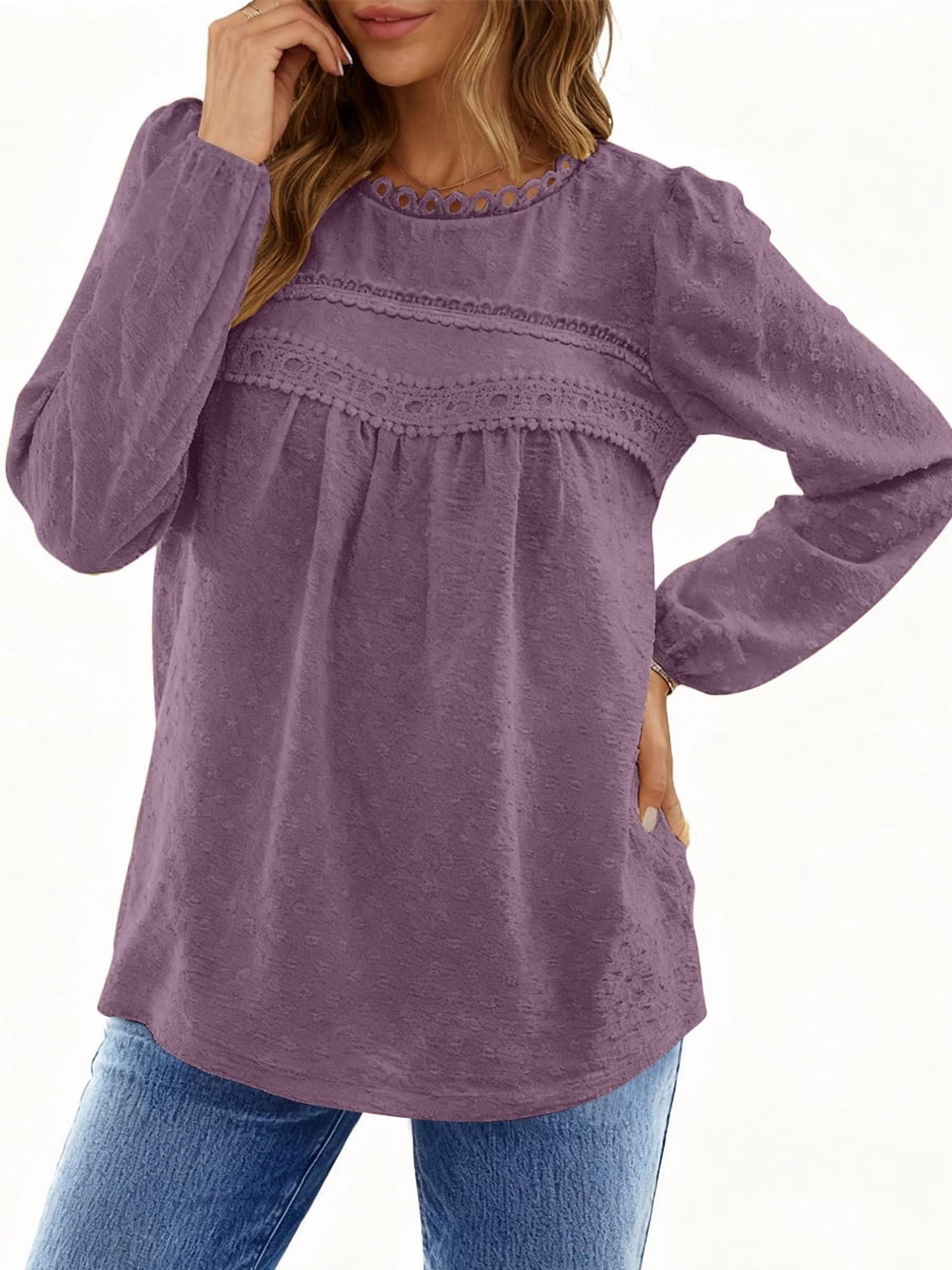 Fall Shirts for Women Long Sleeve Blouses Ladies Crewneck Lace Crochet Tops Dressy Chiffon Blouses simple, vintage, premium, professional
