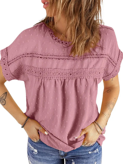 Summer Shirts for Women Short Sleeve Blouses Ladies Crewneck Lace Crochet Tops Dressy Chiffon Blouses simple, vintage, premium, professional