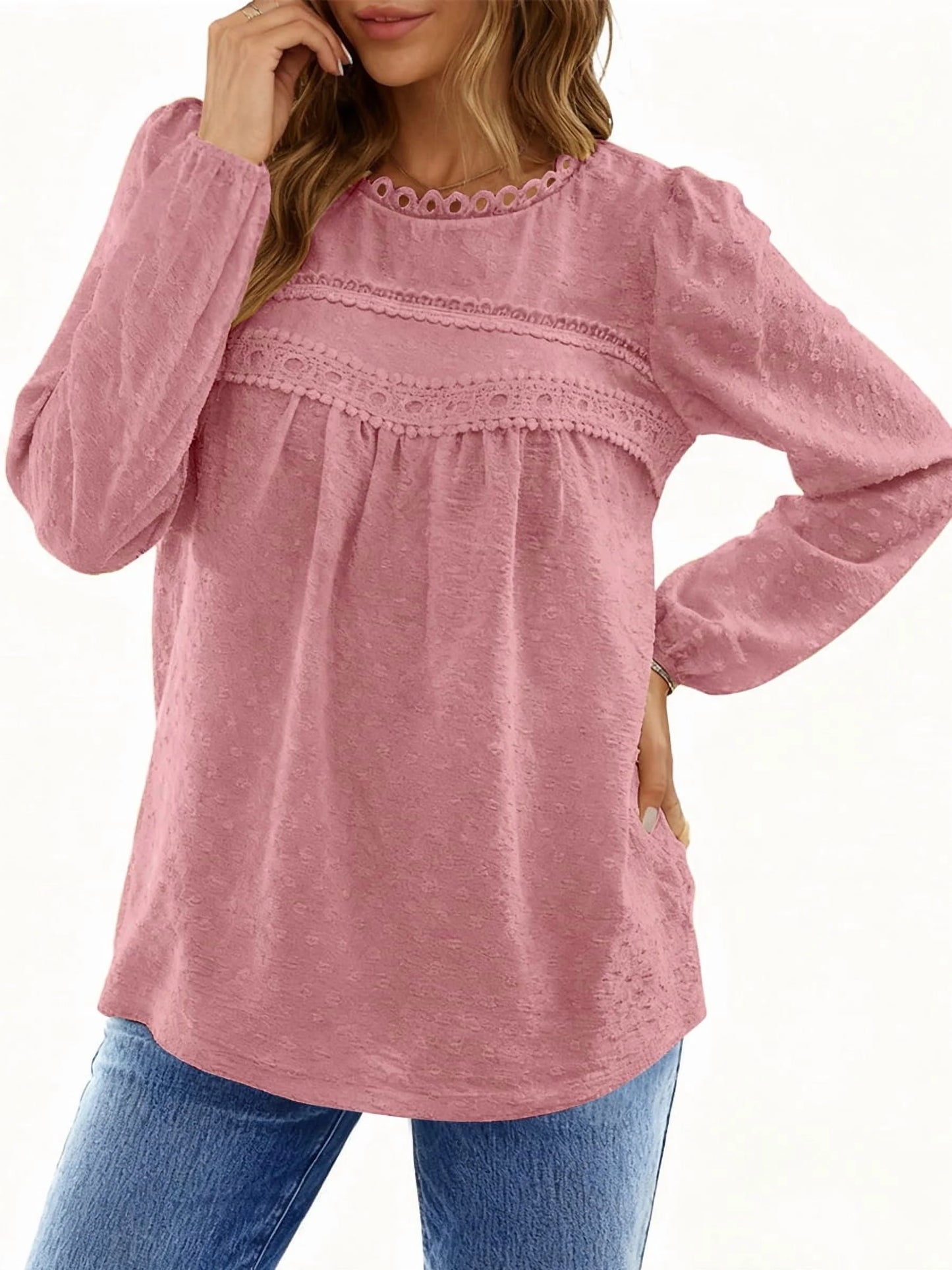 Fall Shirts for Women Long Sleeve Blouses Ladies Crewneck Lace Crochet Tops Dressy Chiffon Blouses simple, vintage, premium, professional