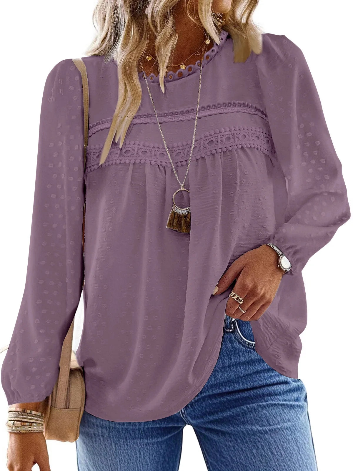 Fall Shirts for Women Long Sleeve Blouses Ladies Crewneck Lace Crochet Tops Dressy Chiffon Blouses simple, vintage, premium, professional