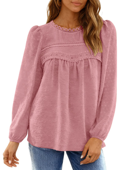 Fall Shirts for Women Long Sleeve Blouses Ladies Crewneck Lace Crochet Tops Dressy Chiffon Blouses simple, vintage, premium, professional