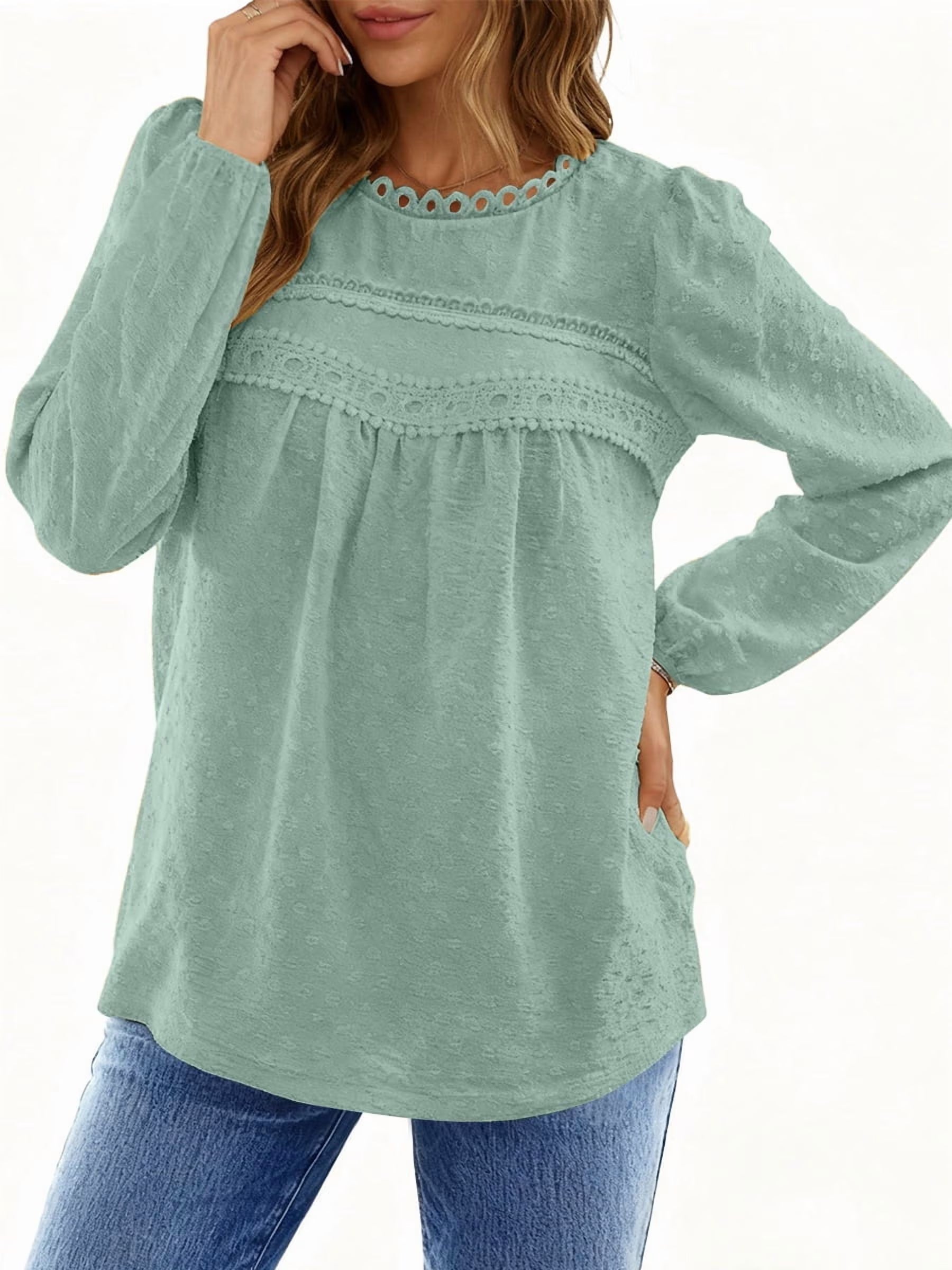 Fall Shirts for Women Long Sleeve Blouses Ladies Crewneck Lace Crochet Tops Dressy Chiffon Blouses simple, vintage, premium, professional