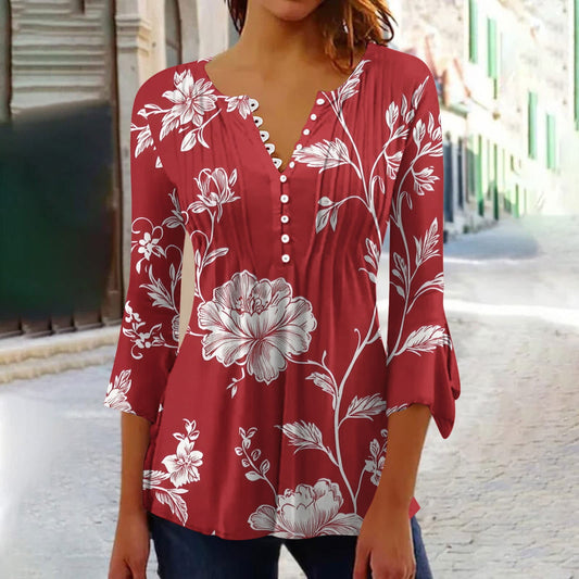 at 3/4 Length Sleeve Womens Tops Button down V Neck T Shirts Floral Summer Tunic Ladies Tops Elegant Dressy Casual Blouses Fashion Vacation Tee Shirts Ropa Mujer simple, vintage, premium, professional
